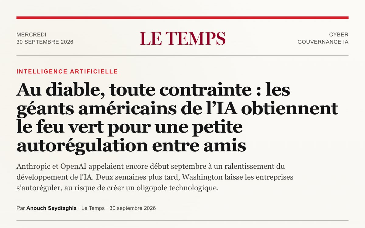 Le Temps, 30 septembre 2026 : Christophe Picou cité sur l'autorégulation des géants américains de l'IA